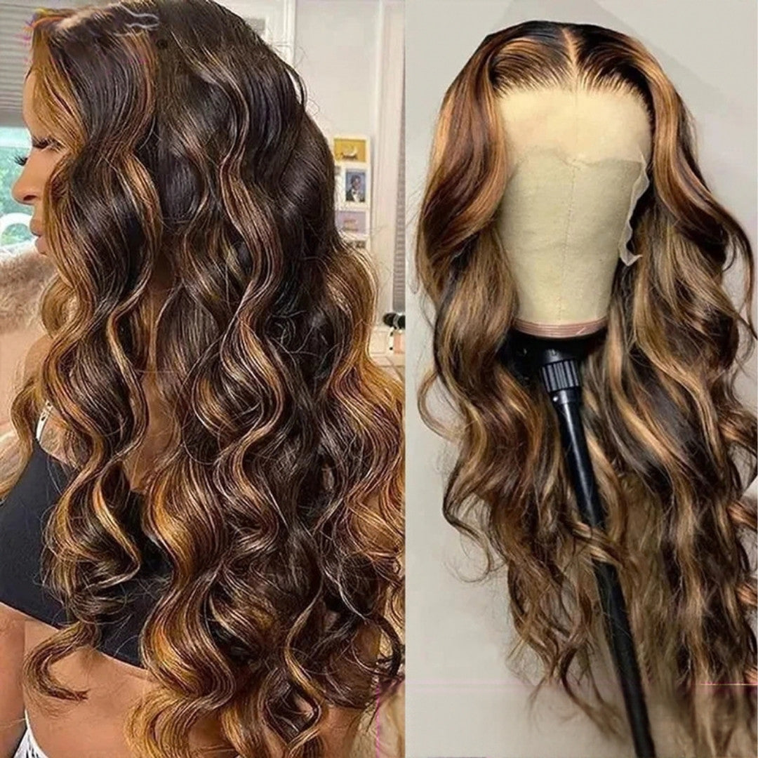 Perruque lace front mèches brun et blond miel – détail 1