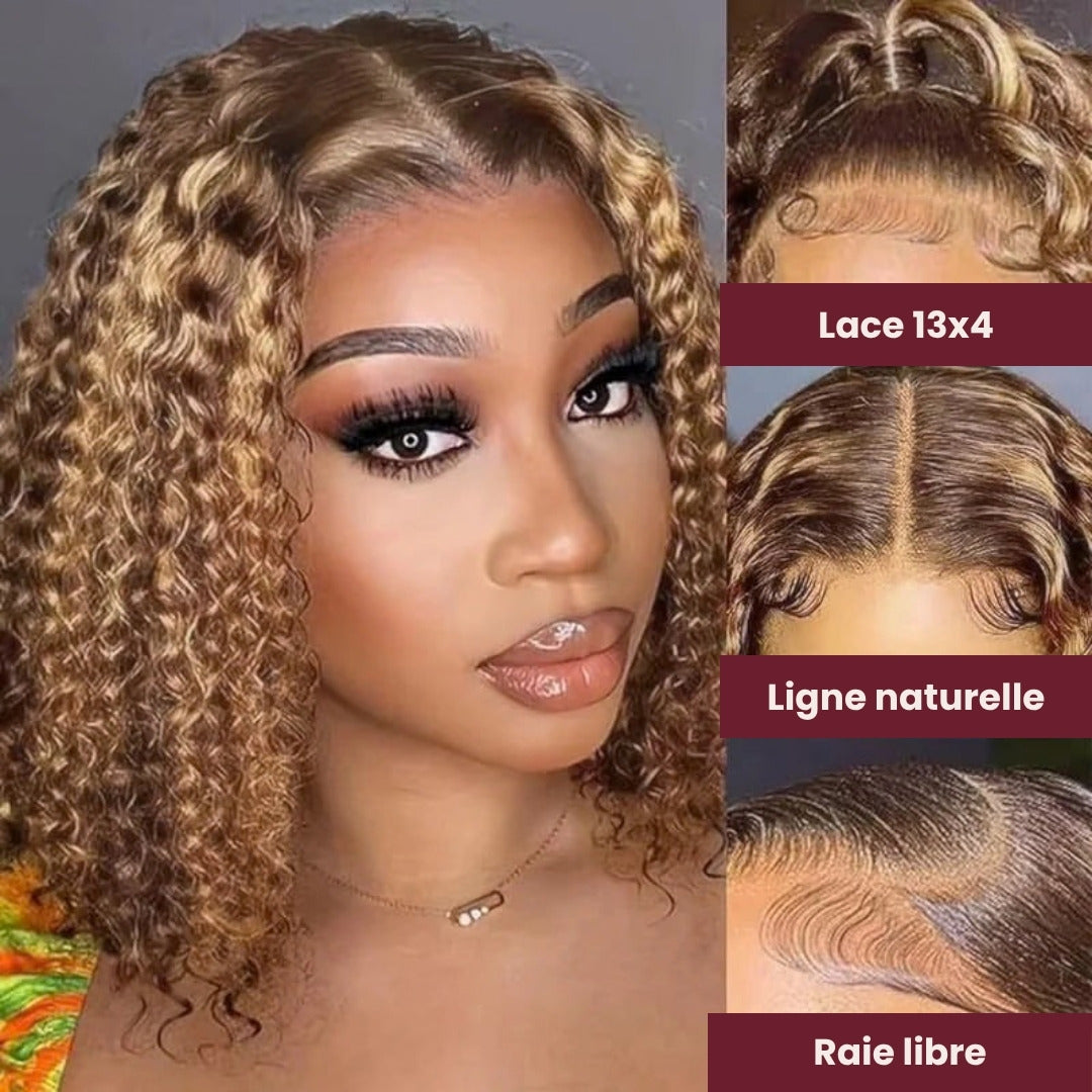 Perruque carré bouclé mèches blond miel – photo produit 1