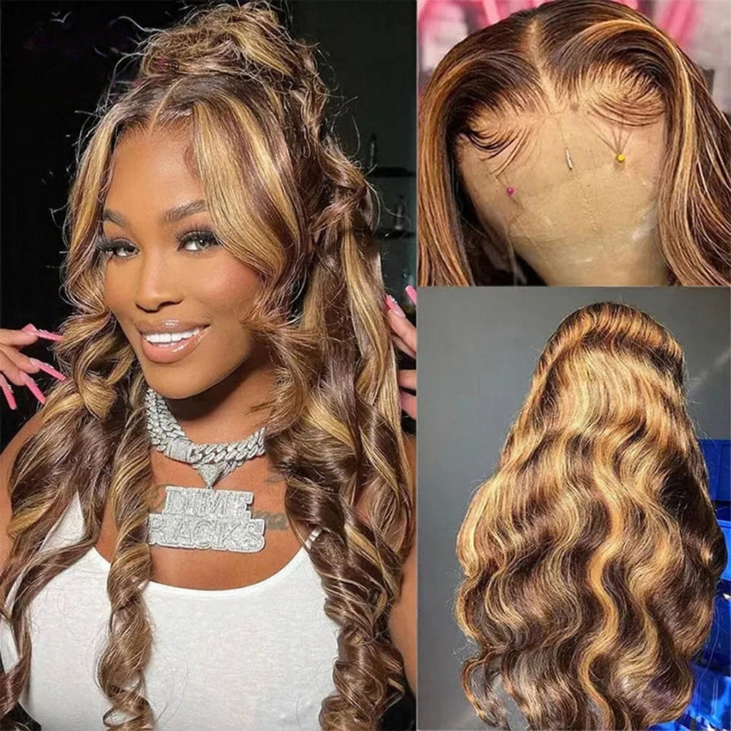 Perruque lace front mèches brun et blond miel – détail 2