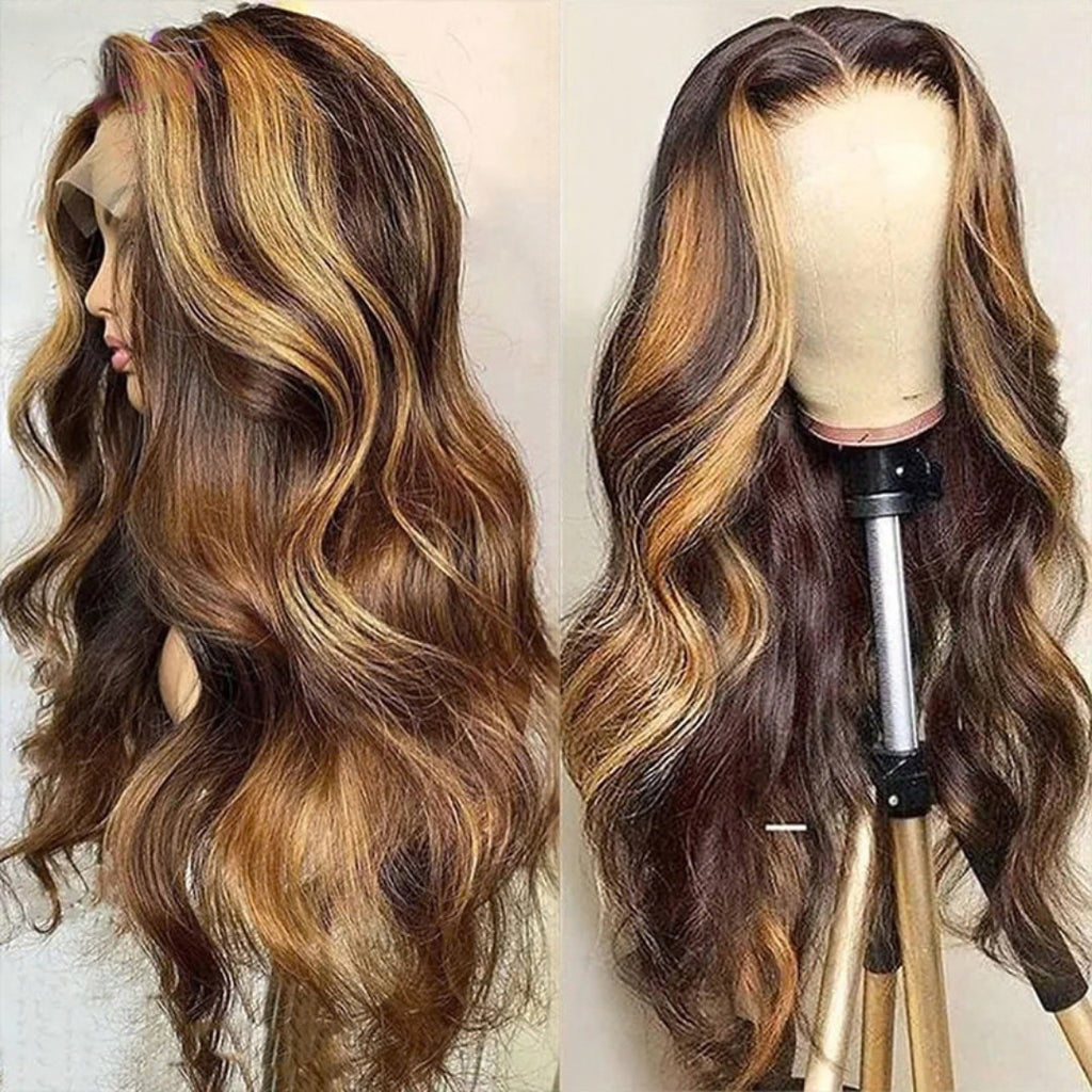 Perruque lace front mèches brun et blond miel – détail 3