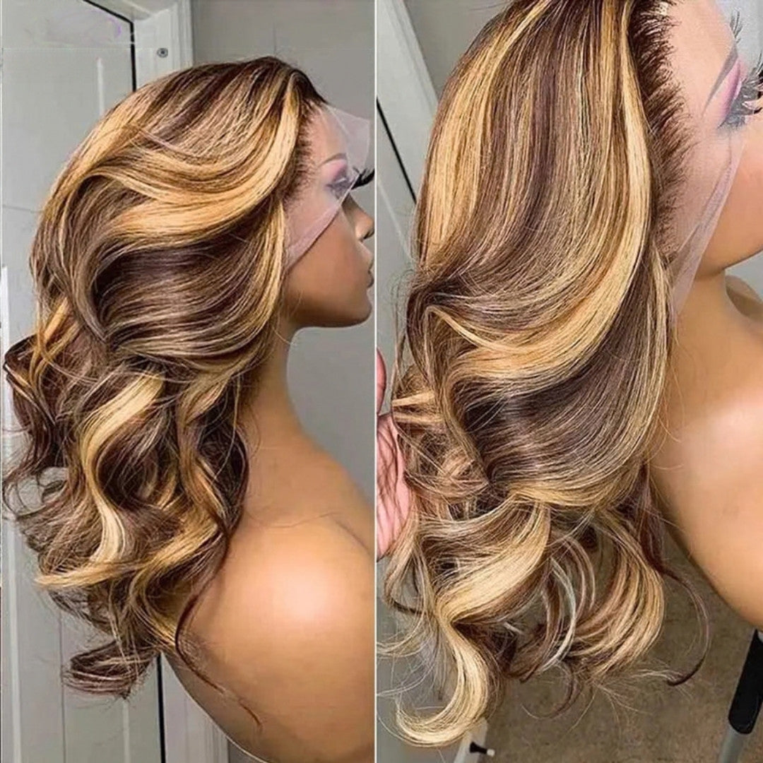 Perruque lace front mèches brun et blond miel – détail 4