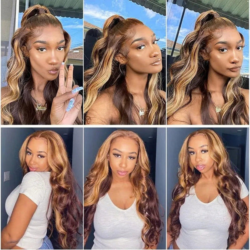 Perruque lace front mèches brun et blond miel – détail 5