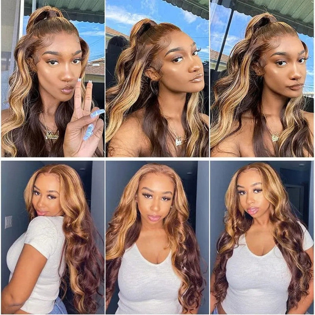 Perruque lace front mèches brun et blond miel – détail 5