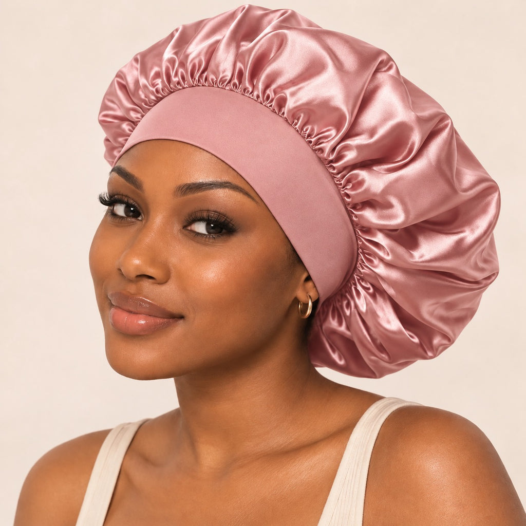 Bonnet de nuit en satin rose poudré, porté