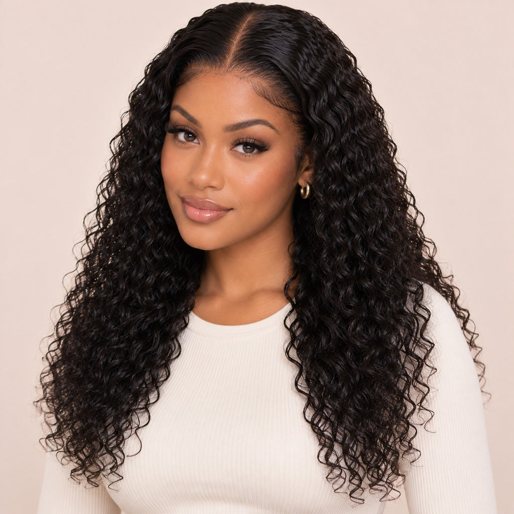 Perruque sans colle water wave – portée par une autre mannequin
