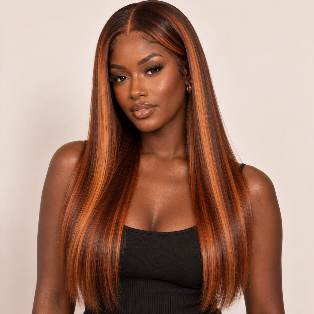Perruque sans colle ombré roux – portée par une autre mannequin