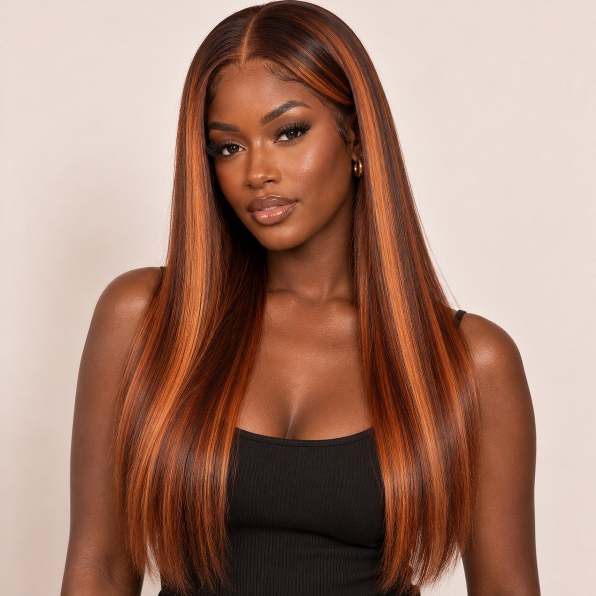 Perruque sans colle ombré roux – portée par une autre mannequin