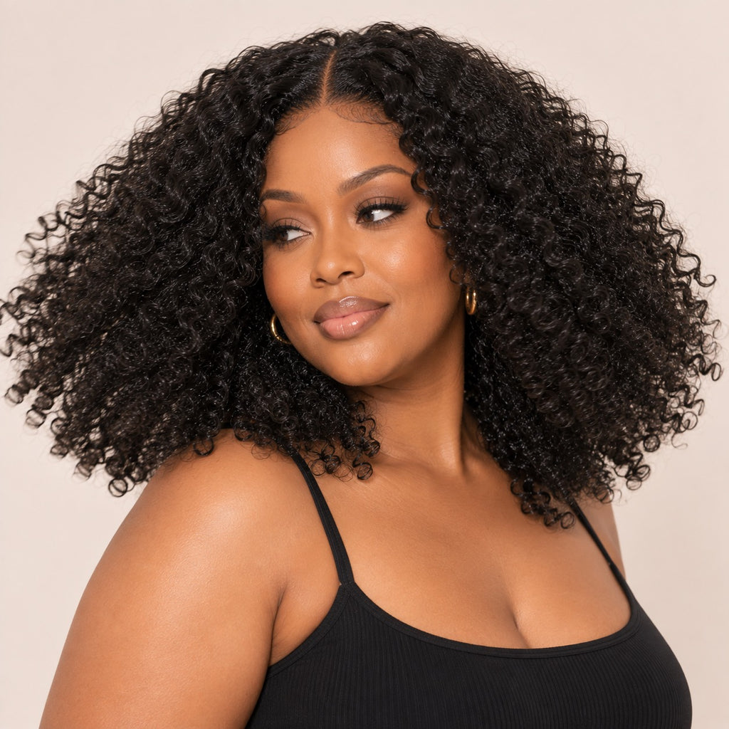 Perruque sans colle kinky curly – en mouvement