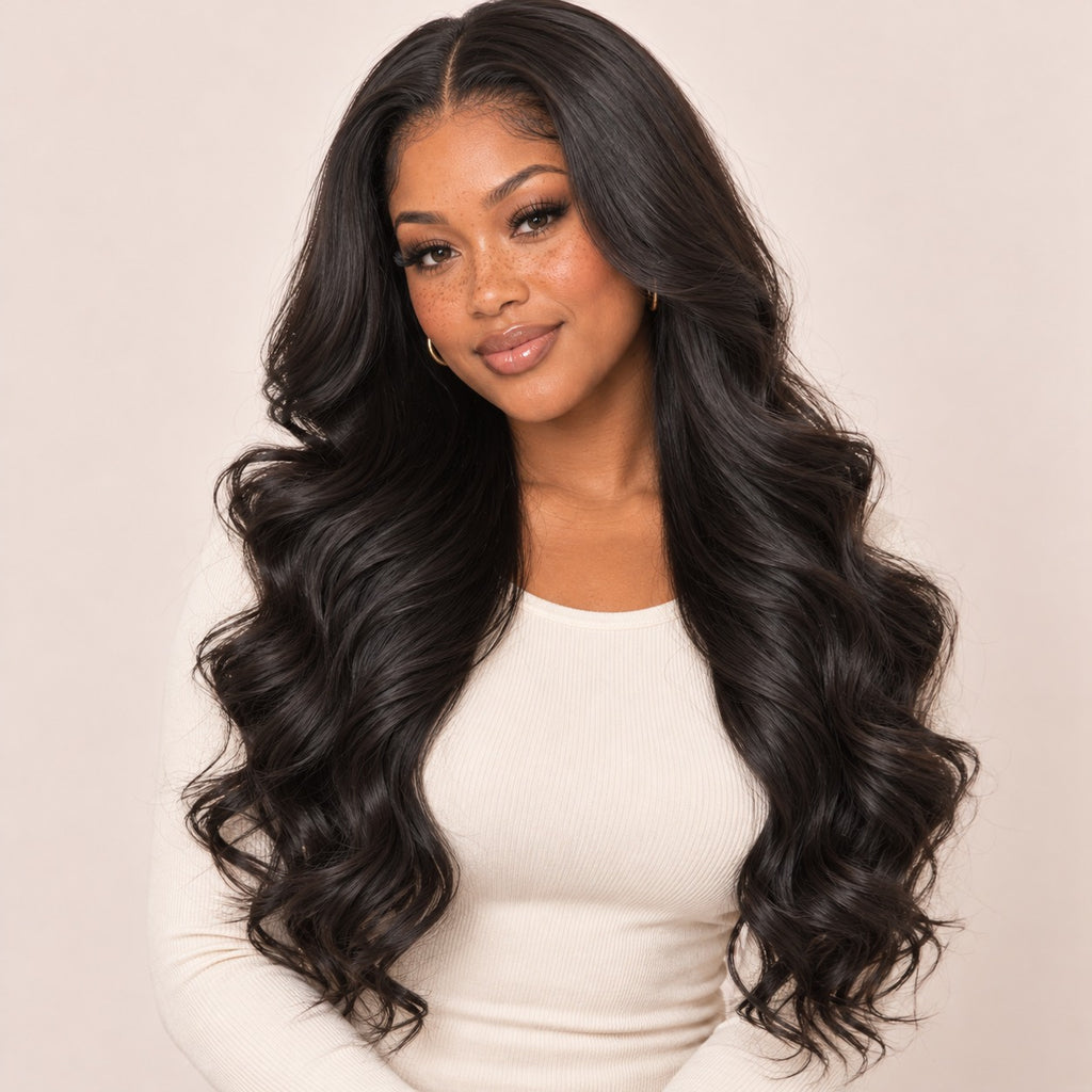 Perruque sans colle body wave – portée par une autre mannequin