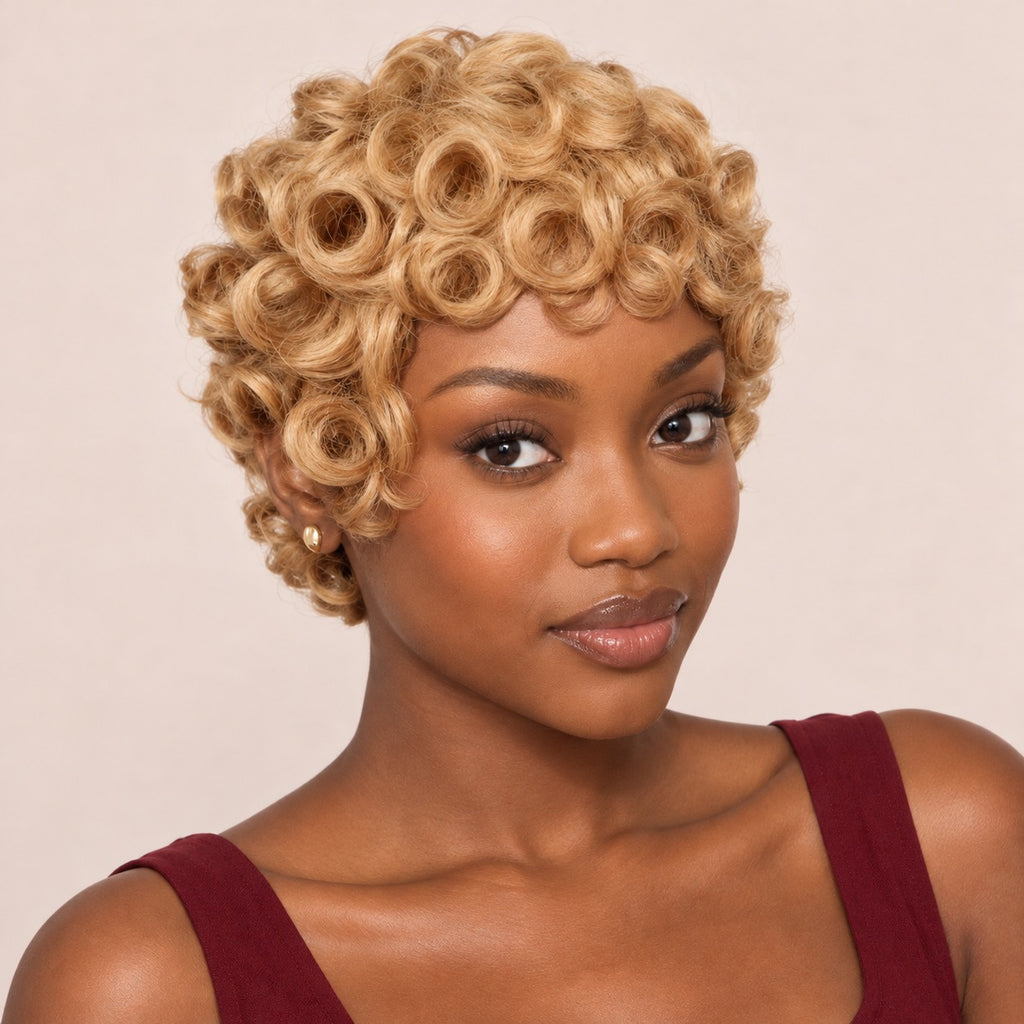 Perruque pixie courte – portrait, blond miel