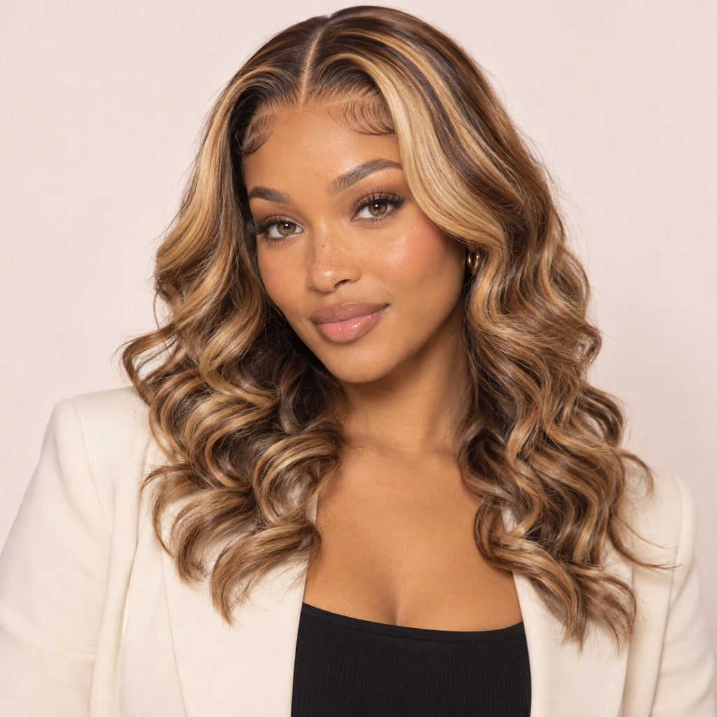 Perruque lace front mèches brun et blond miel – portrait