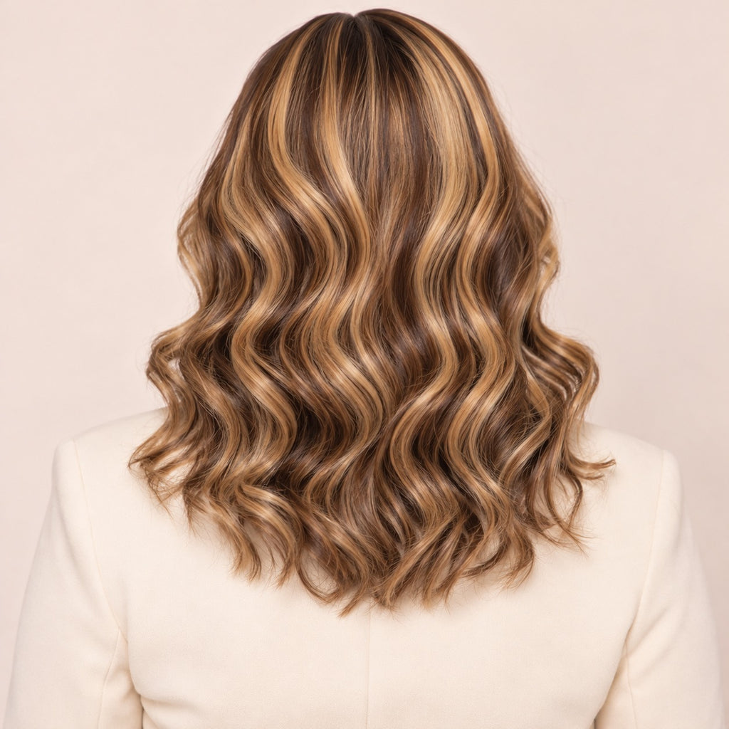 Perruque lace front mèches brun et blond miel – de dos