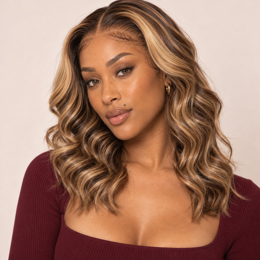 Perruque lace front mèches brun et blond miel – portée par une autre mannequin