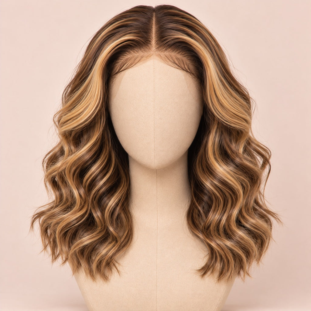 Perruque lace front mèches brun et blond miel – sur tête de mannequin