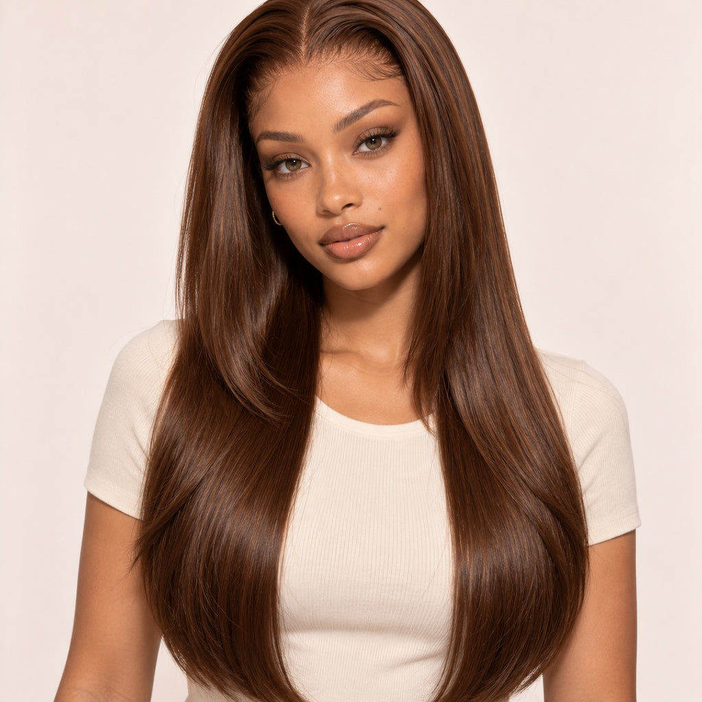 Perruque lace front châtain lisse – portée par une autre mannequin