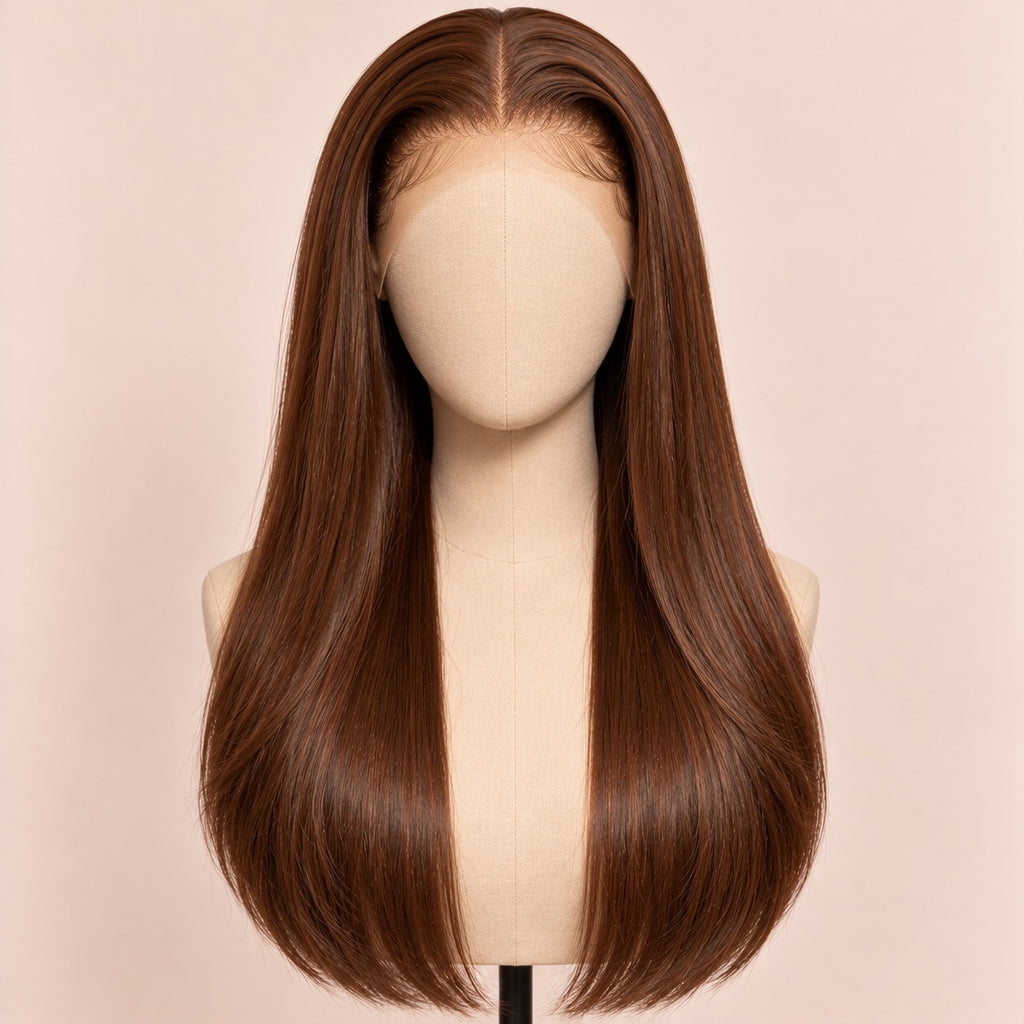 Perruque lace front châtain lisse – sur tête de mannequin
