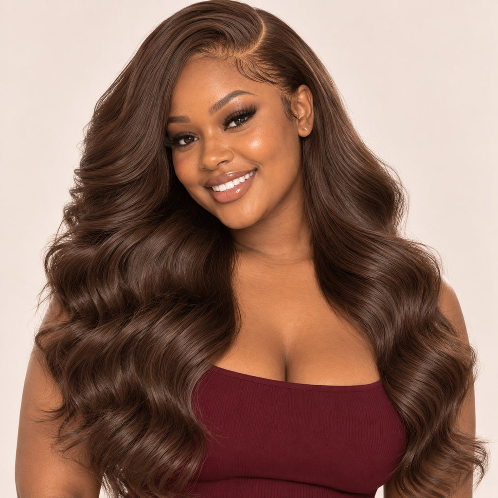 Perruque lace front brune chocolat – portée par une autre mannequin
