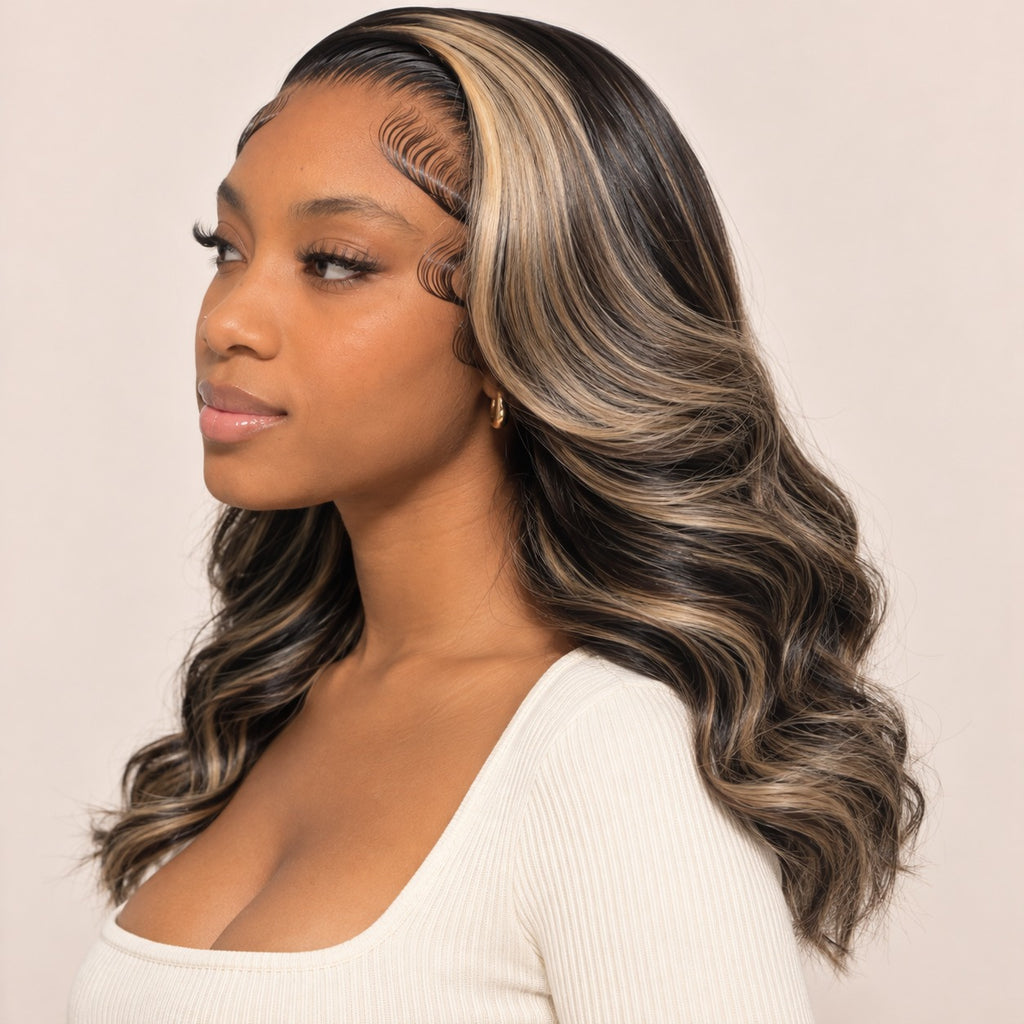 Perruque lace front body wave mèches blond miel – profil