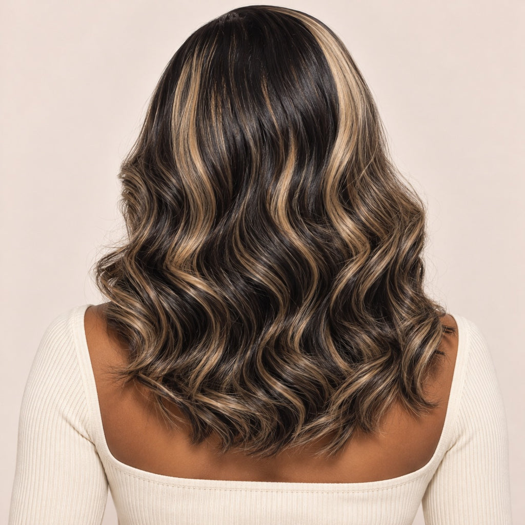 Perruque lace front body wave mèches blond miel – de dos