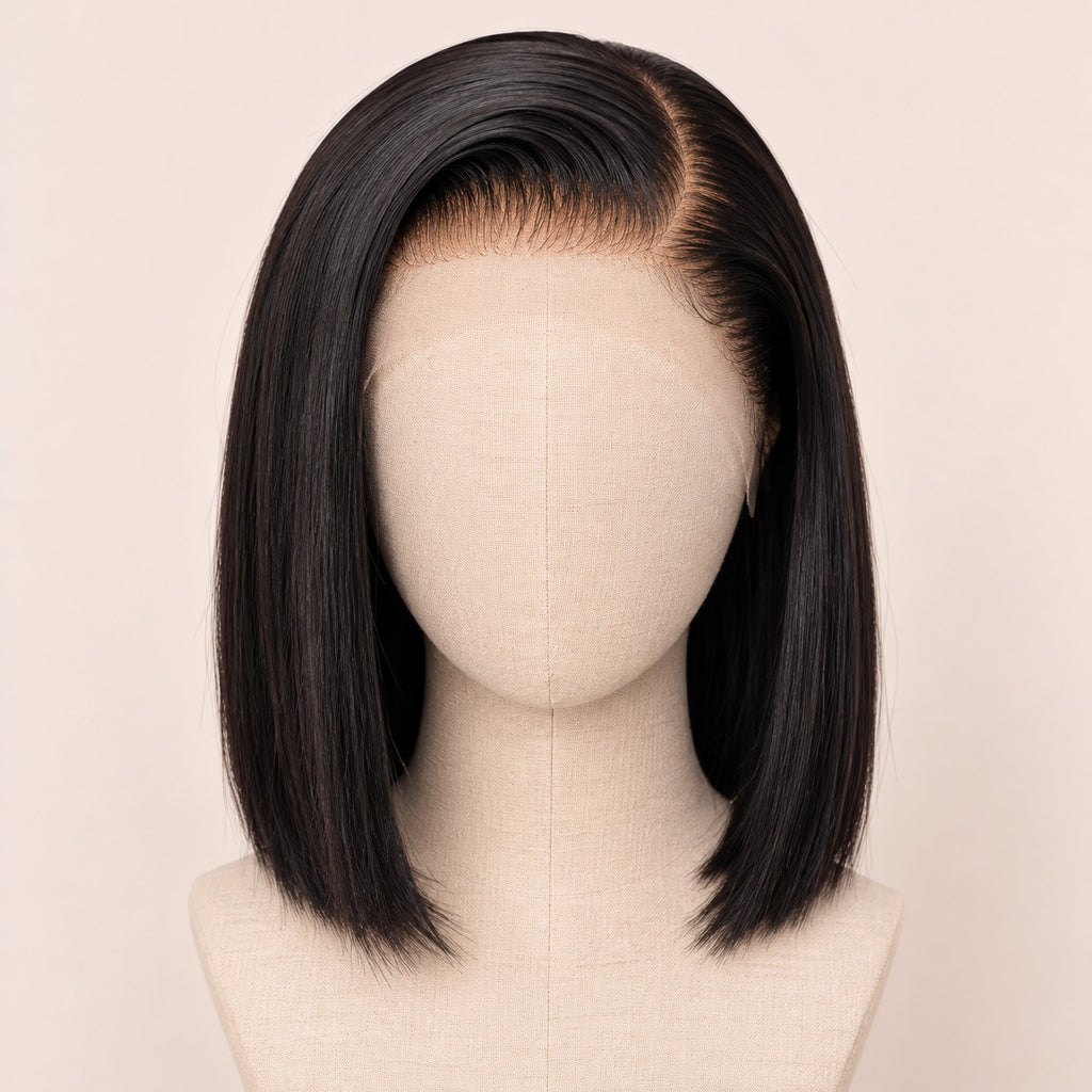 Perruque carré lisse noir lace HD – sur tête de mannequin