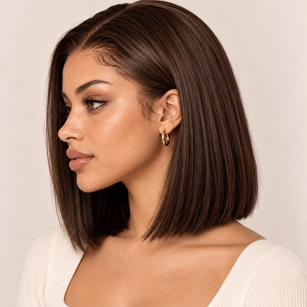 Perruque carré brun chocolat lisse – profil