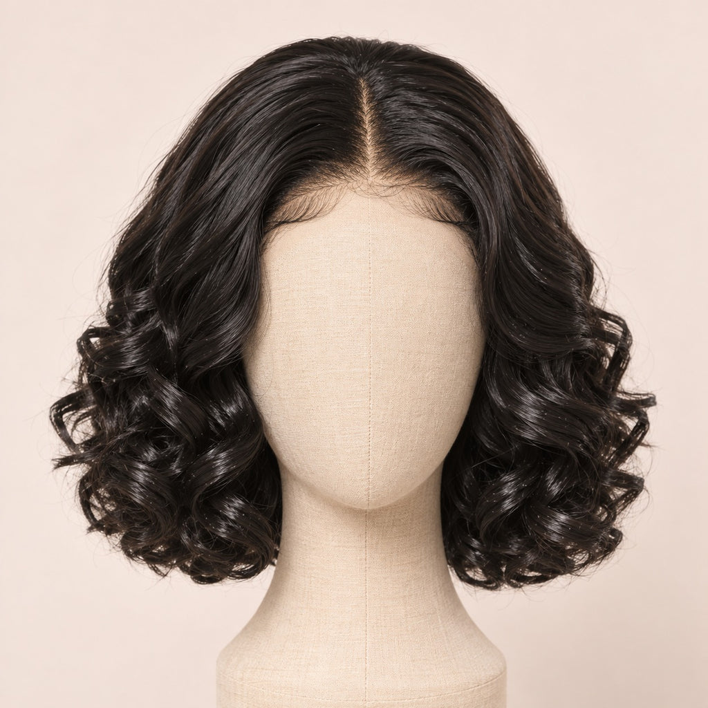 Perruque carré bouclé sans colle – sur tête de mannequin