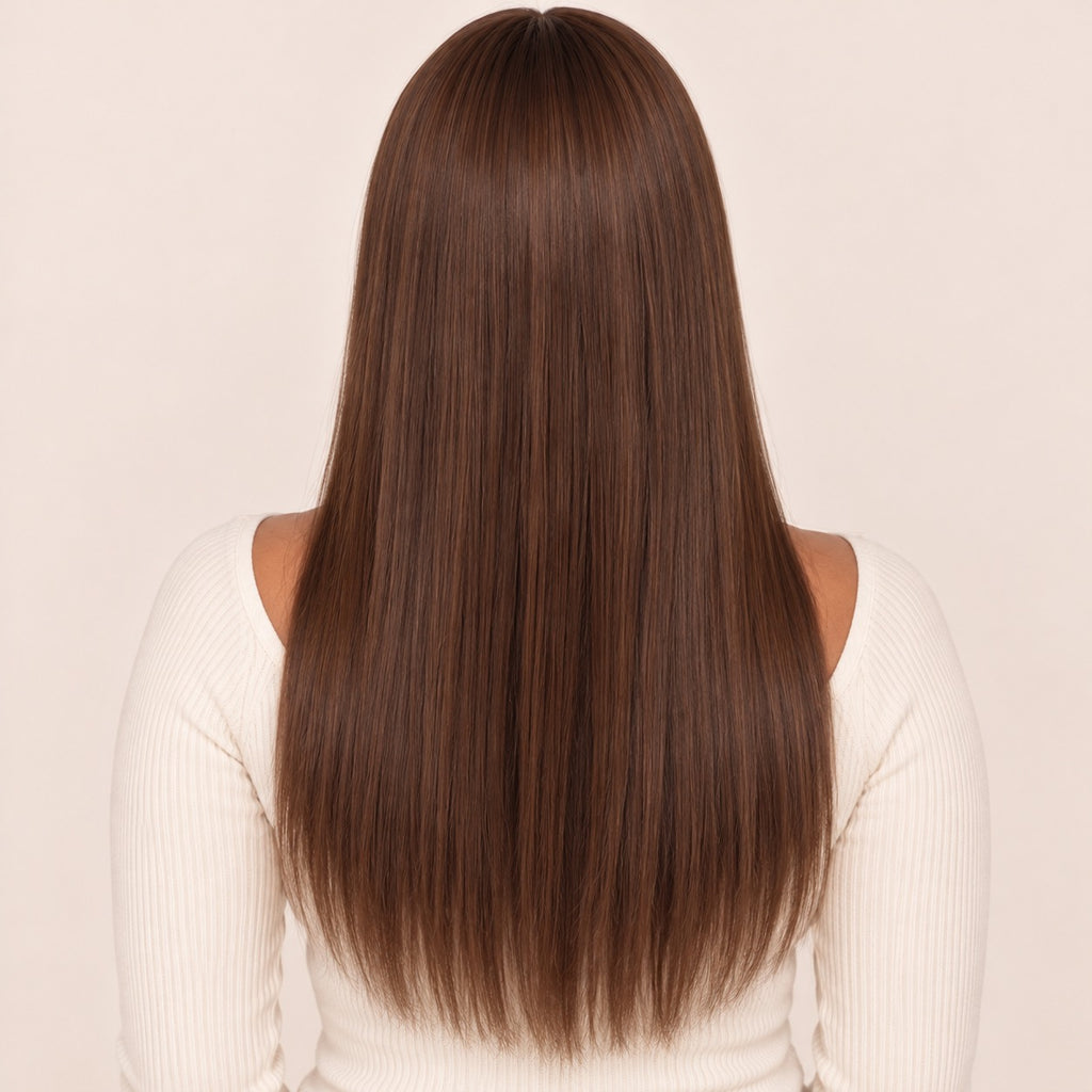 Perruque brune avec frange – de dos