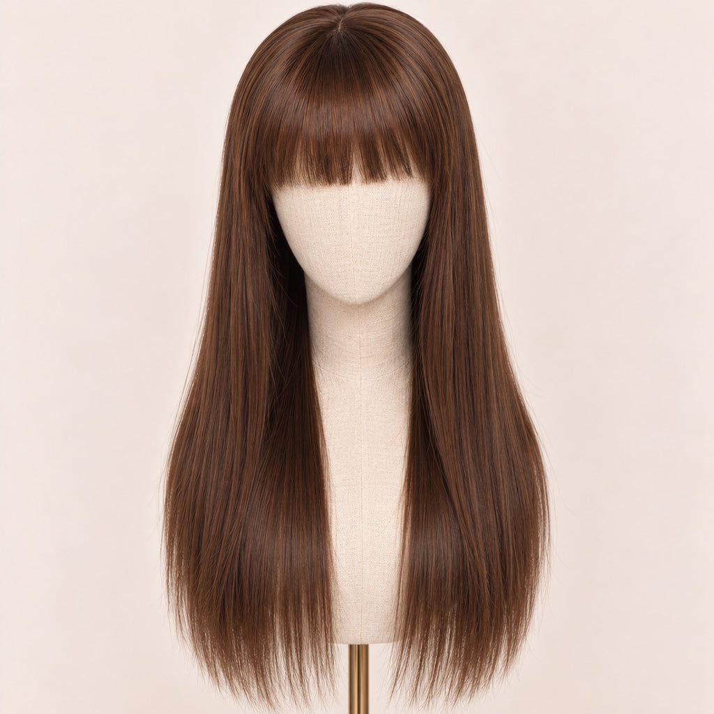 Perruque brune avec frange – sur tête de mannequin