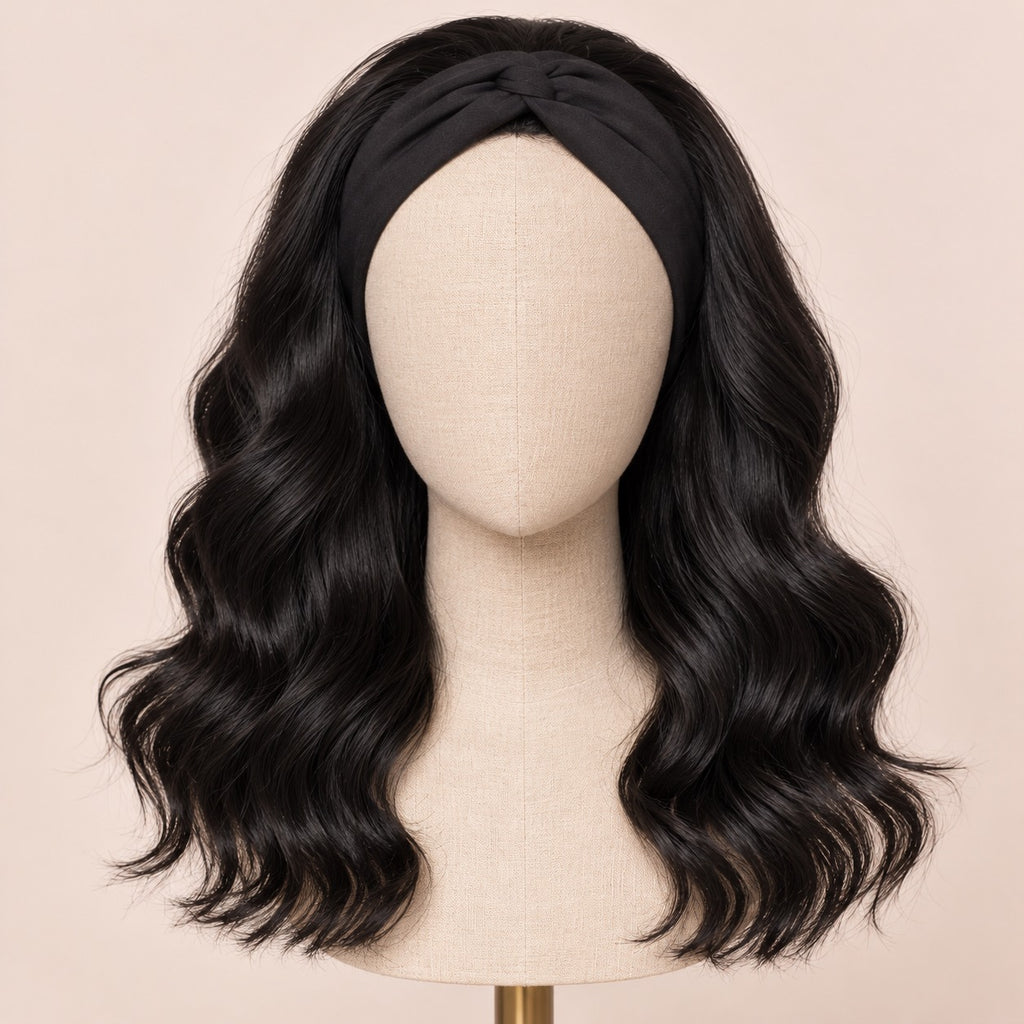 Perruque bandeau body wave – sur tête de mannequin