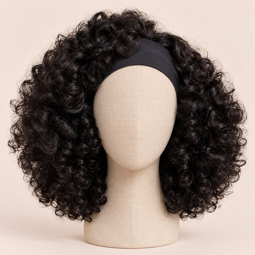 Perruque bandeau crépue bouclée – sur tête de mannequin