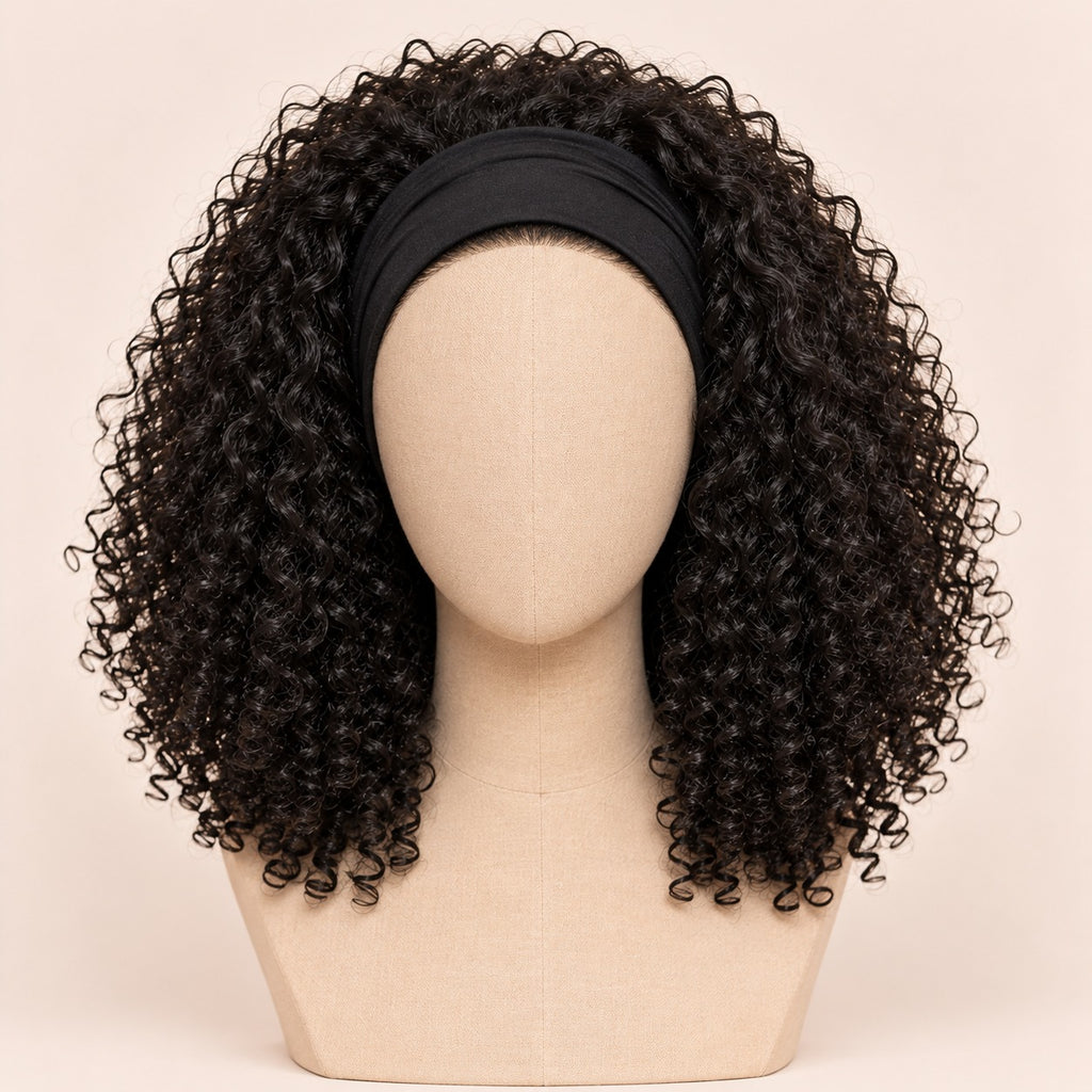 Perruque bandeau afro bouclée – sur tête de mannequin
