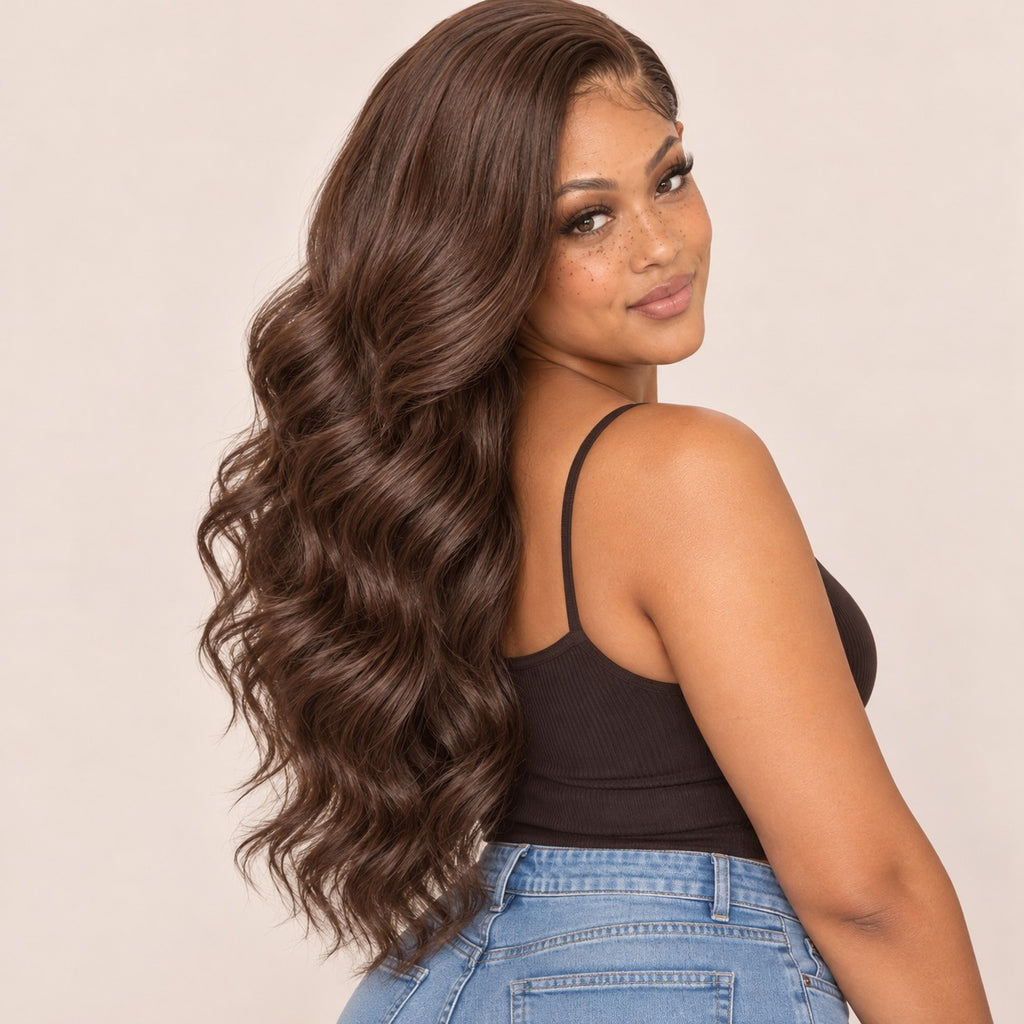 Perruque lace front brune chocolat body wave – longueur maximale 26 pouces (66 cm), vue de dos
